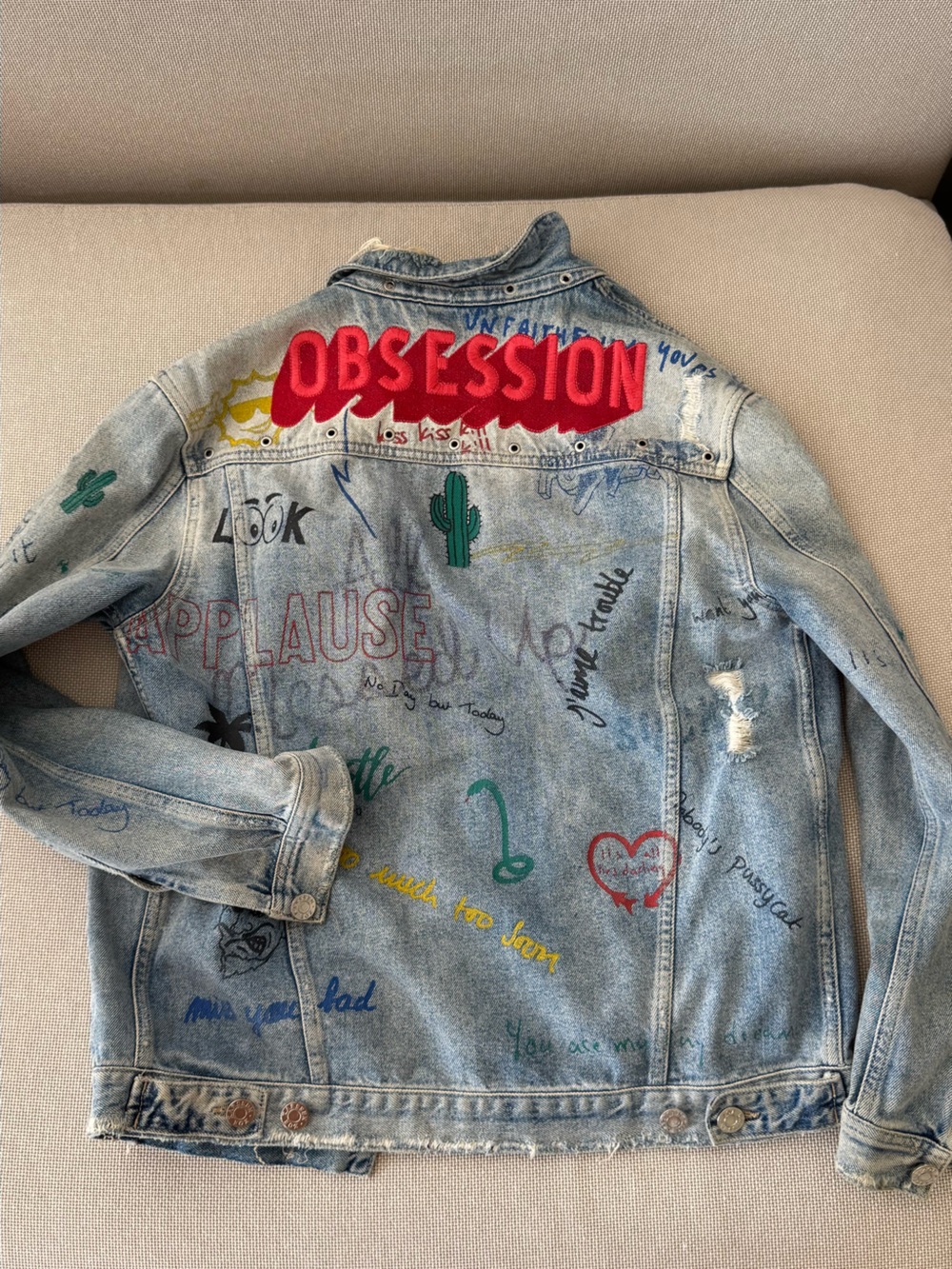 Zoe karrsen patchworkLight Blue Graphic Denim Jacket with Red 'OBSESSION' Detail